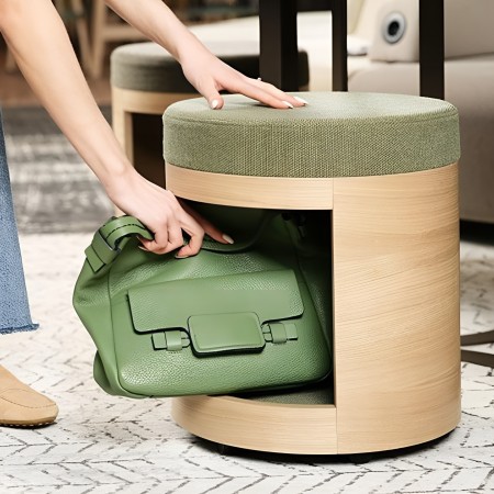 Pouf compact rond ZooZoo avec niche de rangement intégrée – finition bois clair et tissu vert