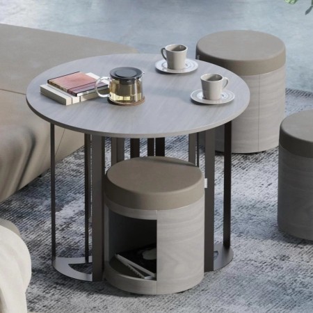 Table basse ronde bois gris avec tabourets rangement