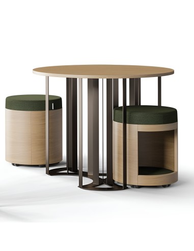 Table basse ronde design bois clair noir avec tabourets vert