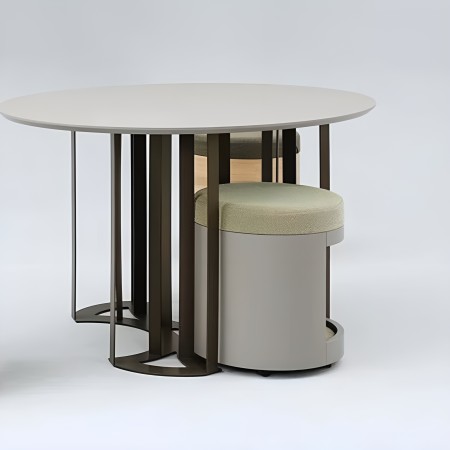 Table ronde moderne avec poufs intégrés vert et bois, pieds métal design