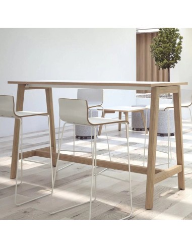 Table haute NOVA WOOD avec chaises design en bois et métal blanc