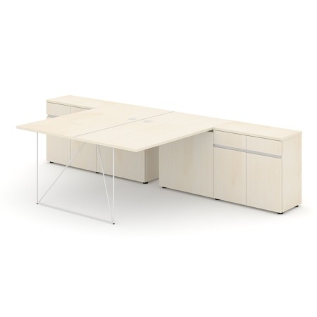 Bureau open space clair avec piétement filaire blanc et caissons de rangement intégrés