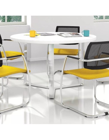 	Table ronde de réunion blanche avec chaises jaunes et noires design Plana