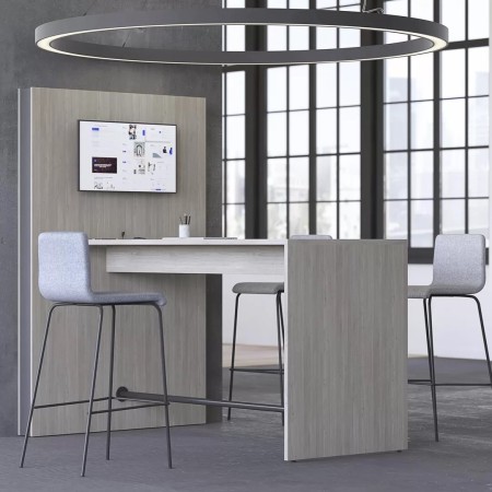 Table de réunion haute avec panneau MEDIA écran et tabourets gris modernes