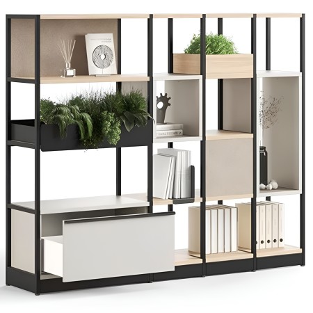 Étagère design avec rangements ouverts, plantes vertes et tiroir intégré pour bureau