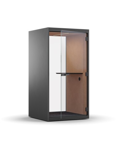 Cabine acoustique individuelle noire avec parois vitrées et tablette intégrée