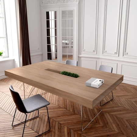 Table de réunion AIR bois noyer avec plateau 120 mm et piètement filaire métal