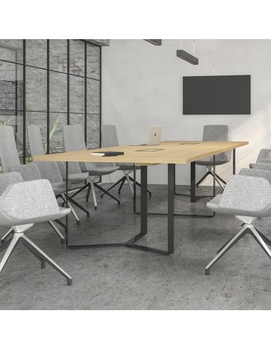 Table de réunion rectangulaire bois clair avec chaises gris clair design PLANA