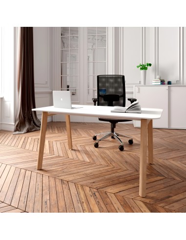 Bureau design avec plateau blanc, pieds bois inclinés et chaise ergonomique noire Nova Wood