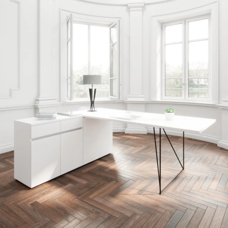 Bureau d’angle AIR bois clair avec piètement filaire blanc et armoire intégrée à droite 2