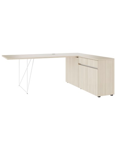 Bureau d’angle AIR bois clair avec piètement filaire blanc et armoire intégrée à droite