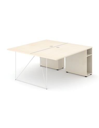 Bureau double bois clair avec piétement filaire blanc et rangements latéraux ouverts