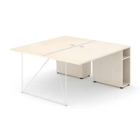 Bureau double bois clair avec piétement filaire blanc et rangements latéraux ouverts