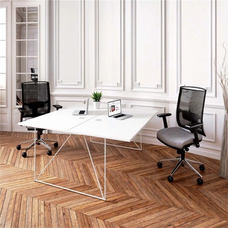 Bureau bench double AIR bois piètement filaire blanc et passe-câbles intégrés - séparations 2