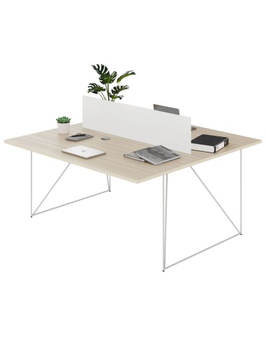 Bureau double AIR bois clair avec séparation pouur un travail concentré et pieds métal blancs