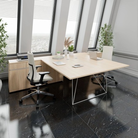 Bureau partagé en bois clair avec rangements intégrés et piétement métallique blanc AIR. 2