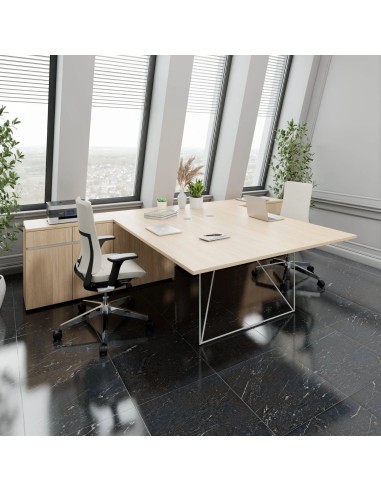 Bureau en T AIR bois clair avec rangements des deux côtés et piètement filaire blanc à Genève.