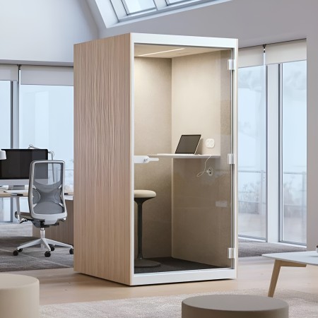 Cabine acoustique SONUS S avec bureau intégré et tabouret pour open space