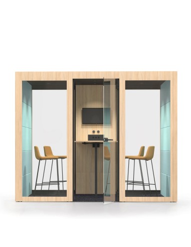 Cabine acoustique bois clair avec écran, chaises hautes et parois vitrées Silent Room L