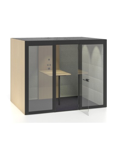 Cabine acoustique bureau vitrée avec table intégrée et parois en feutre gris Silent Room L