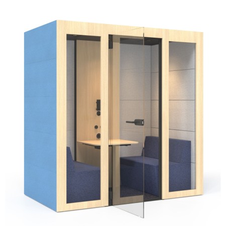 Cabine acoustique bleue avec table et fauteuil Silent Room M