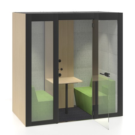 Cabine acoustique bureau avec banquettes vertes et table en bois intégrée Silent Room M