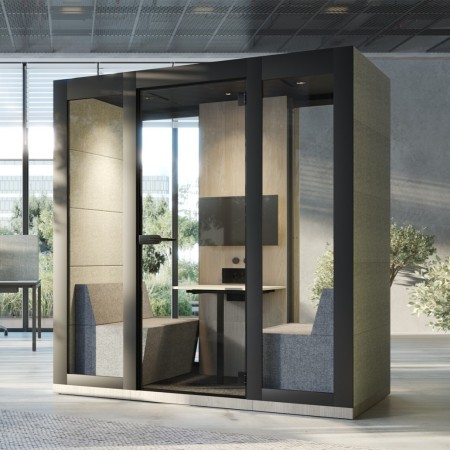 Cabine acoustique vitrée pour 2 personnes avec assises intégrées et écran mural