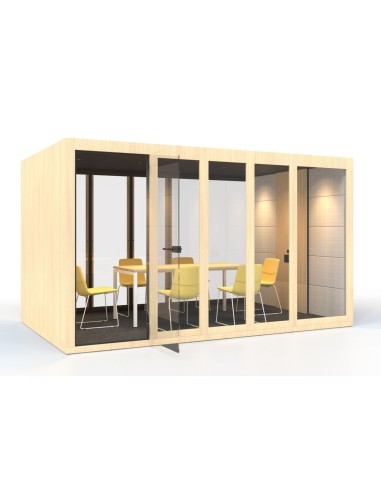 Cabine acoustique vitrée en bois clair avec murs latéraux bleus et grande table centrale