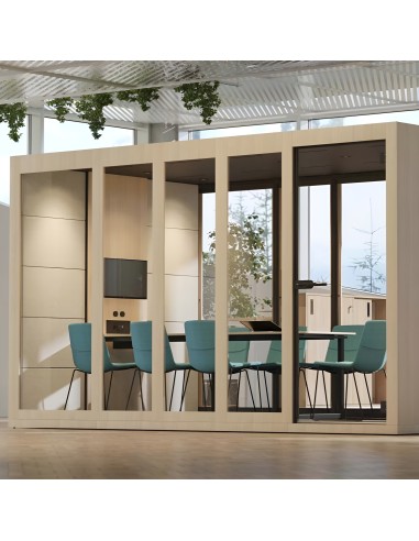 Cabine acoustique XL avec table de réunion et chaises vertes