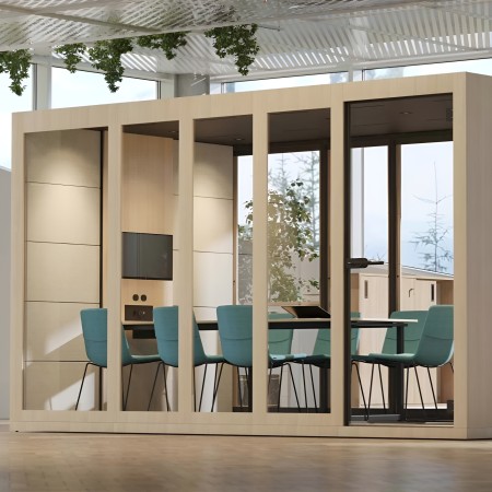 Cabine acoustique XL avec table de réunion et chaises vertes