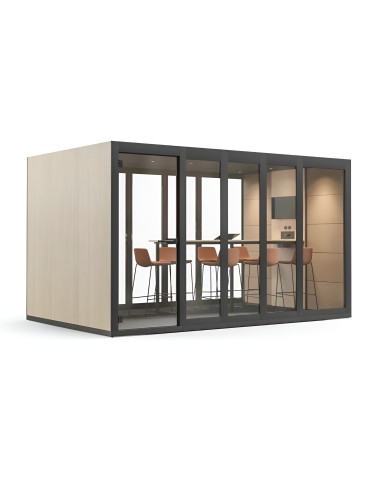 Cabine acoustique de réunion vitrée avec table et chaises oranges SILENT ROOM XL