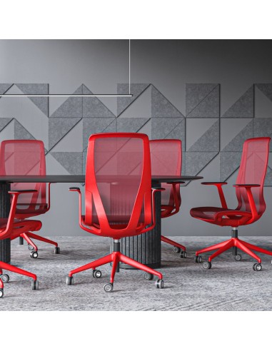 Siège de bureau D-CHAIR rouge en tissu résille dans un open space design