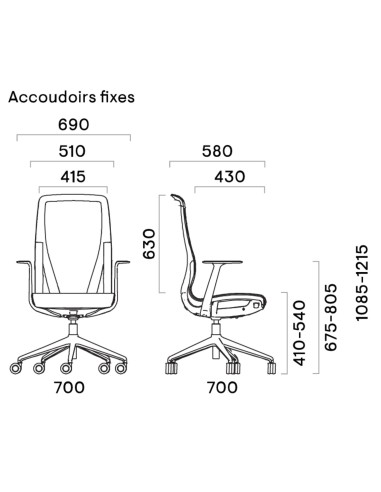 Dimensions techniques du siège D-CHAIR avec accoudoirs fixes – vue de face et de profil