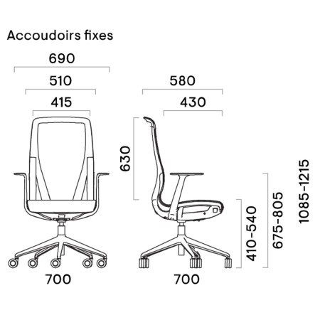 Dimensions techniques du siège D-CHAIR avec accoudoirs fixes – vue de face et de profil