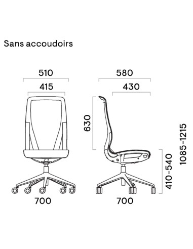 Schéma technique du siège D-CHAIR sans accoudoirs – mesures complètes