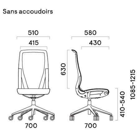 Schéma technique du siège D-CHAIR sans accoudoirs – mesures complètes