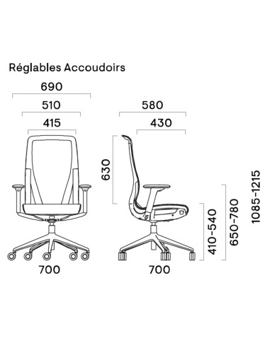 Dimensions du D-CHAIR avec accoudoirs réglables 2D ou 4D – vues cotées