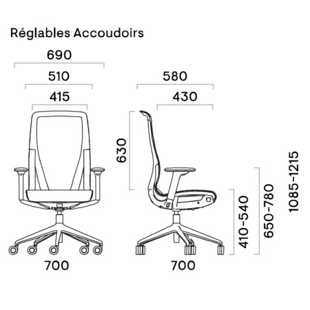 Dimensions du D-CHAIR avec accoudoirs réglables 2D ou 4D – vues cotées