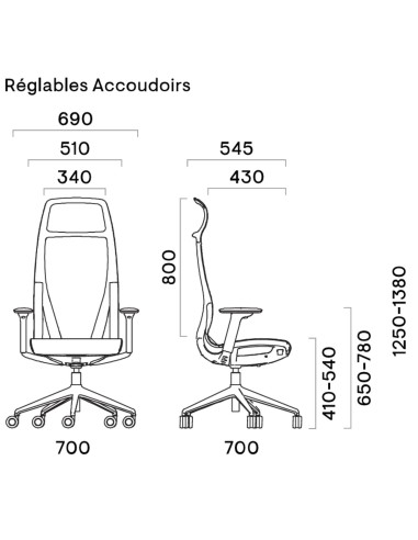 Schéma D-CHAIR Direction avec accoudoirs réglables – dimensions techniques