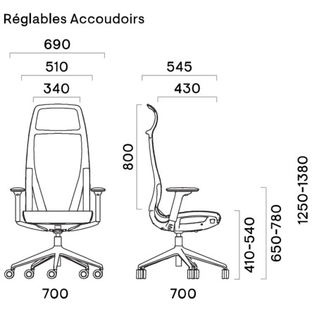 Schéma D-CHAIR Direction avec accoudoirs réglables – dimensions techniques