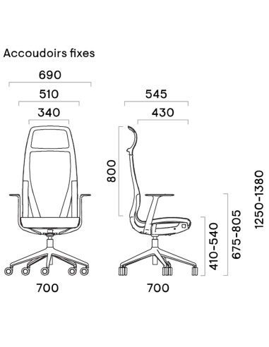 Plan technique D-CHAIR Direction avec accoudoirs fixes – vue face et profil