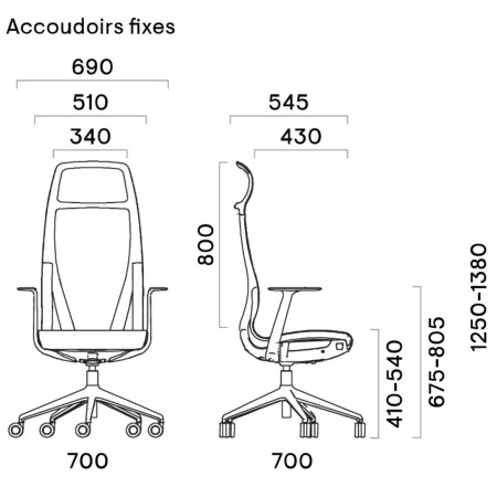Plan technique D-CHAIR Direction avec accoudoirs fixes – vue face et profil