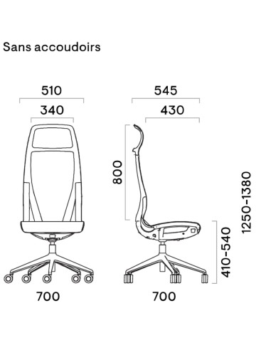 D-CHAIR Direction sans accoudoirs – schéma technique et mesures
