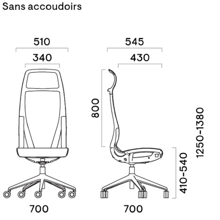 D-CHAIR Direction sans accoudoirs – schéma technique et mesures