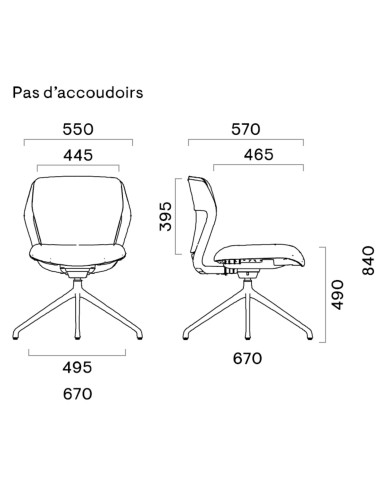 Vue technique chaise OFY visiteur – patins fixes et roulettes en option