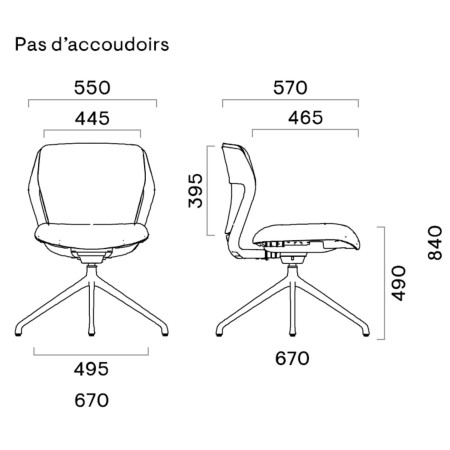 Vue technique chaise OFY visiteur – patins fixes et roulettes en option