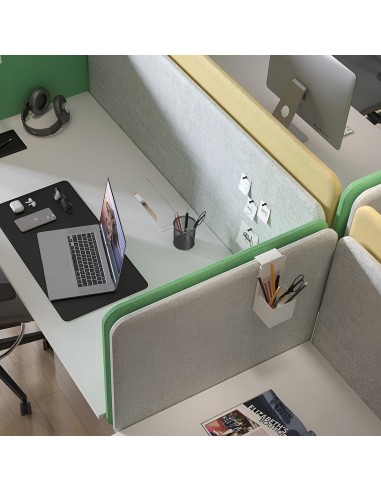 Séparation de bureaux TOP530 avec écrans acoustiques verts et jaunes pour une meilleure concentration