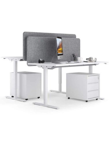 Duo de bureaux réglables avec panneaux acoustiques gris centraux – espace de travail ergonomique