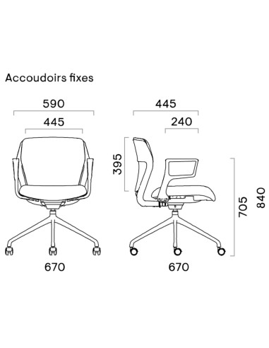Schéma technique OFY à roulettes avec accoudoirs fixes rectangulaires