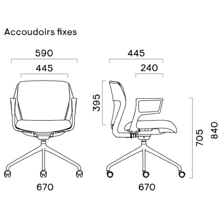 Schéma technique OFY à roulettes avec accoudoirs fixes rectangulaires